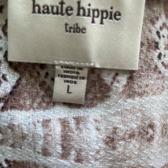 Haute Hippie Tribal Harlan White & Brown Bell Sleeve Large Boho Blouse - Picture 6 of 9